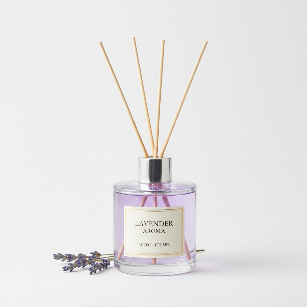 Lavender Reed Diffuser with rattan sticks in elegant glass bottle