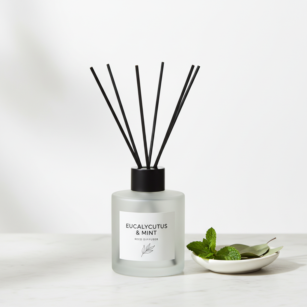 Eucalyptus and Mint Reed Diffuser in frosted glass bottle with black reeds