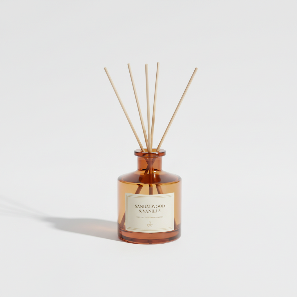 Sandalwood and Vanilla Reed Diffuser in amber glass bottle with wooden sticks